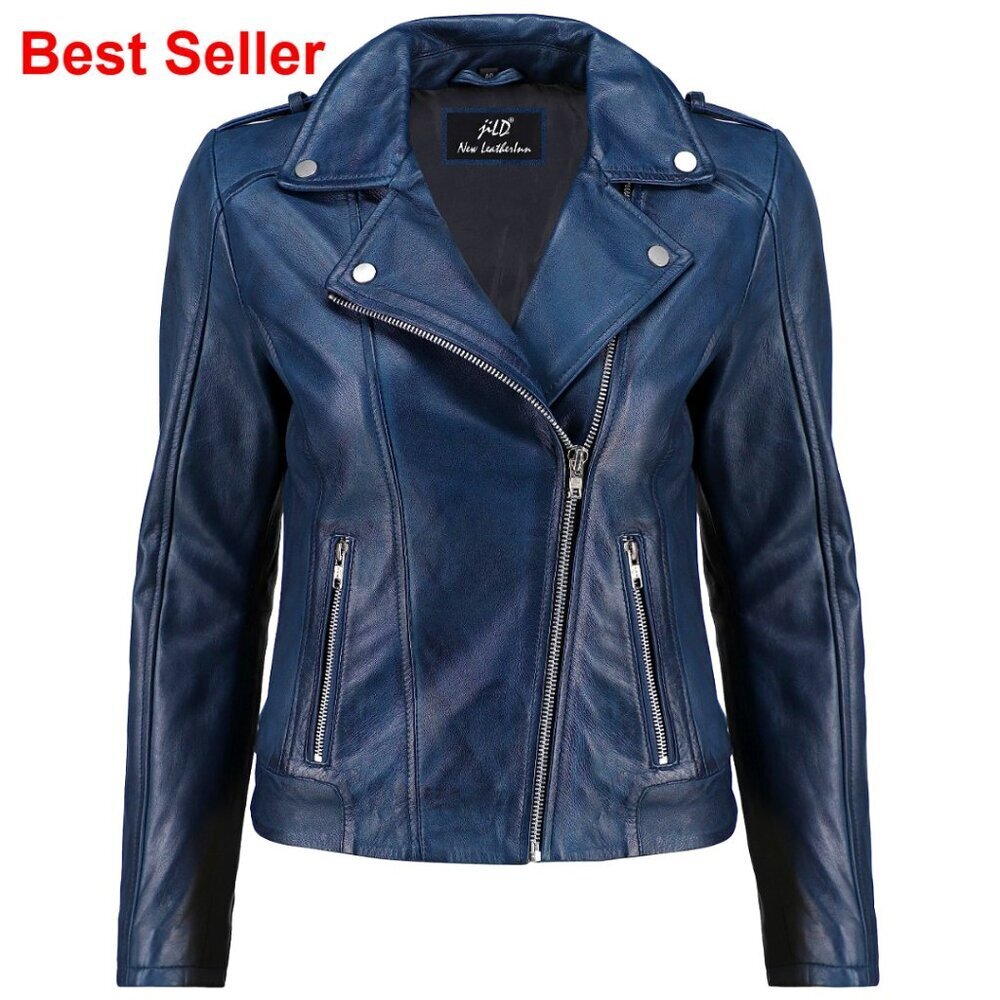 Lambskin Leather Biker Jacket with Zippered Pockets and Lapel Collar